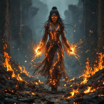 The primary subject of the image is a woman with long hair and a flowing dress, who appears to be a demon or a character from a fantasy world. She is walking on a path surrounded by fire, which adds to the dramatic and intense atmosphere of the scene. The setting is a dark, rocky environment, which further emphasizes the demonic or fantastical nature of the woman. The visual style of the image is a combination of photo and digital art, creating a unique and captivating scene. The colors and